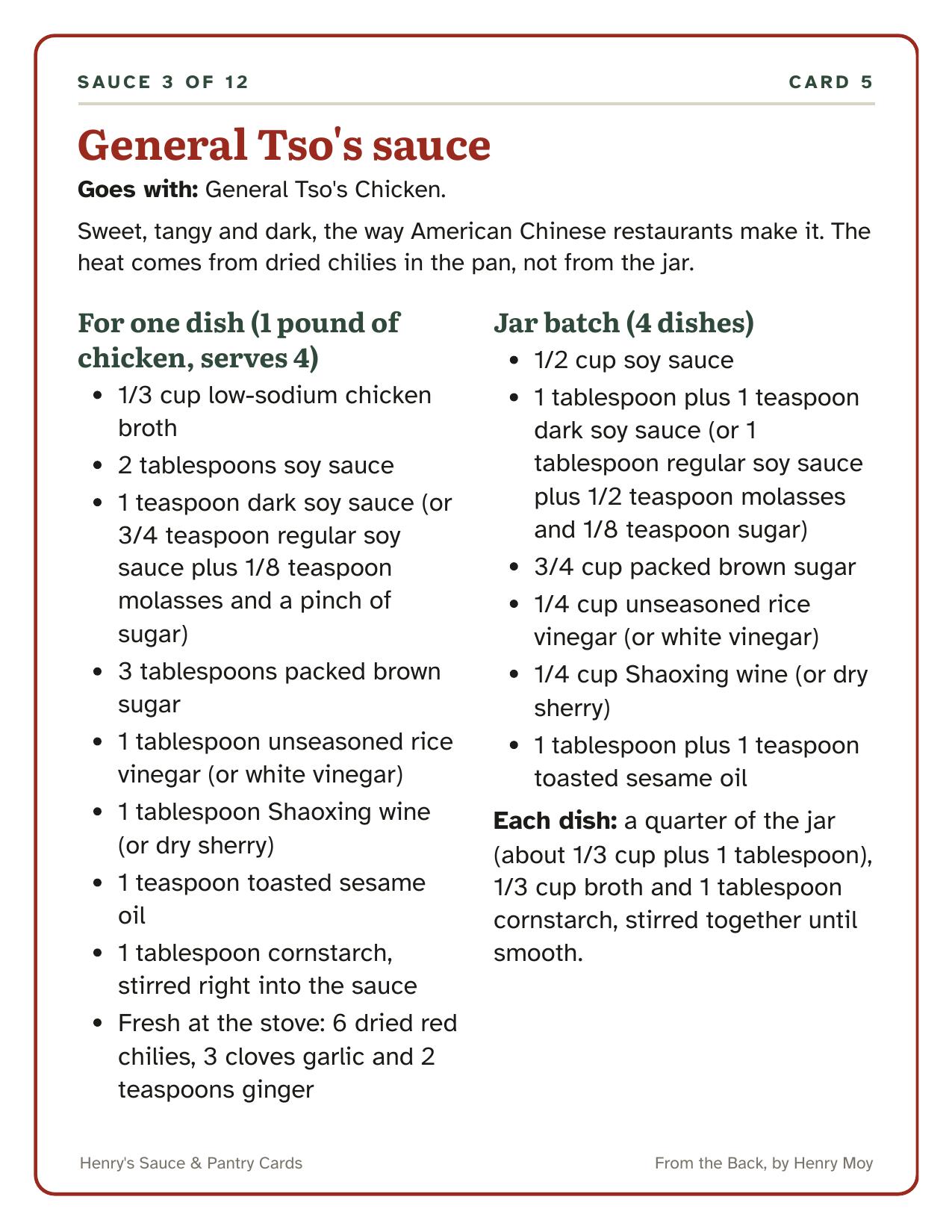 A sauce card: General Tso's sauce, for one dish and for a jar